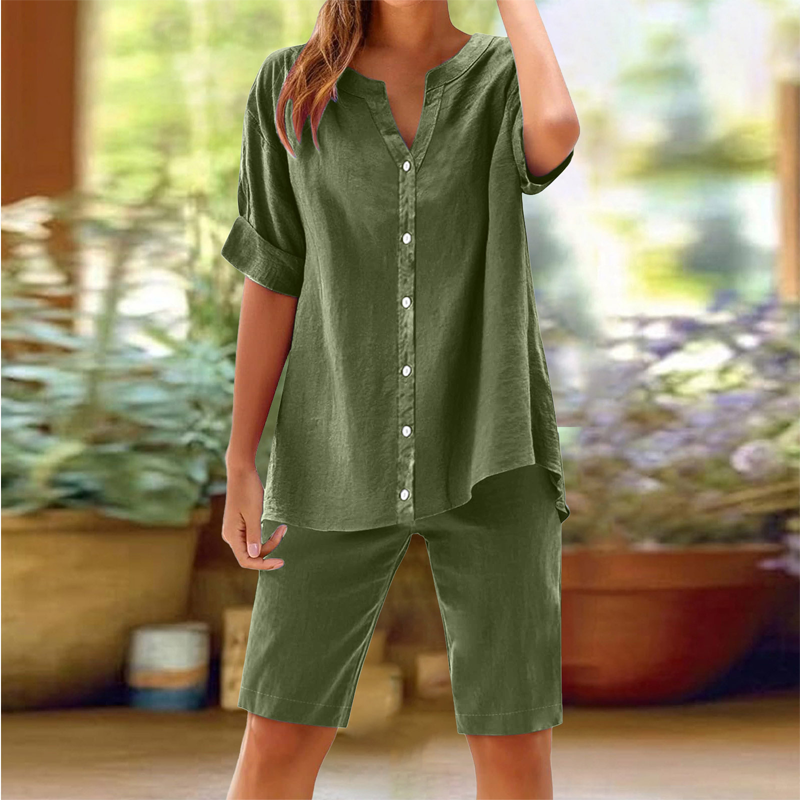 Women's Linen V-Neck Shirt & Shorts Set