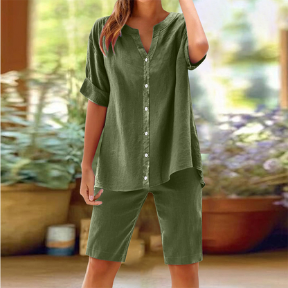 Women's Linen V-Neck Shirt & Shorts Set