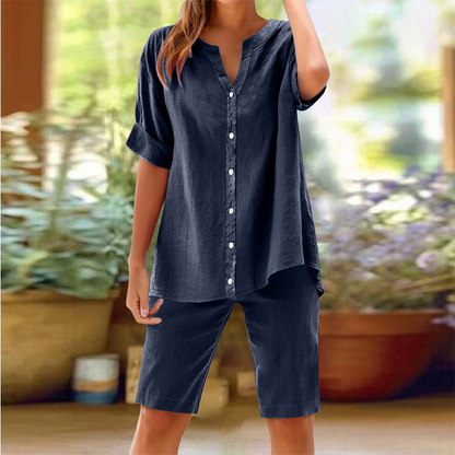 Women's Linen V-Neck Shirt & Shorts Set