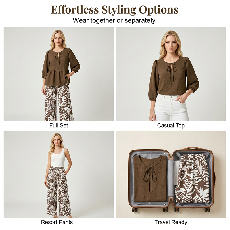 🔥Now on sale-Casual Tie-Neck Blouse and Wide-Leg Pants Outfit
