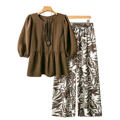🔥Now on sale-Casual Tie-Neck Blouse and Wide-Leg Pants Outfit