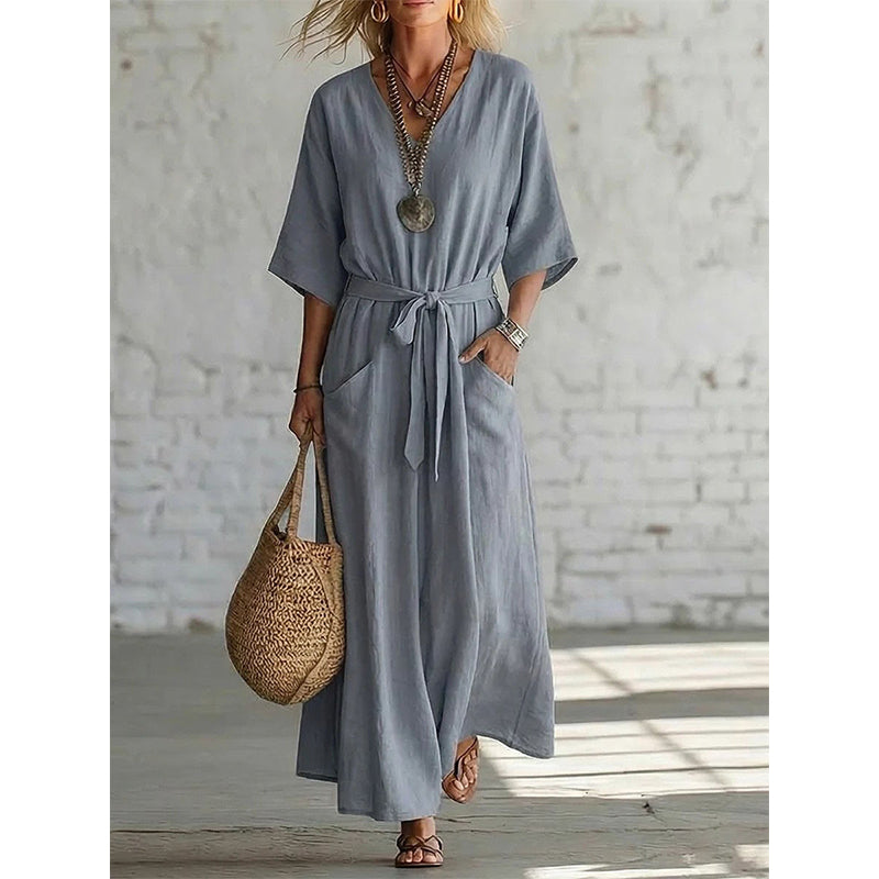 Solid Color V-Neck Maxi Dress with Pockets