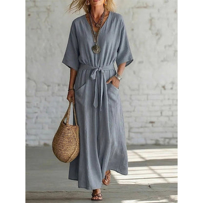 Solid Color V-Neck Maxi Dress with Pockets