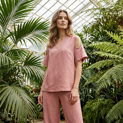 🔥New Arrivals & Special Offers-Solid Color Relaxed Fit Tunic and Trousers Outfit