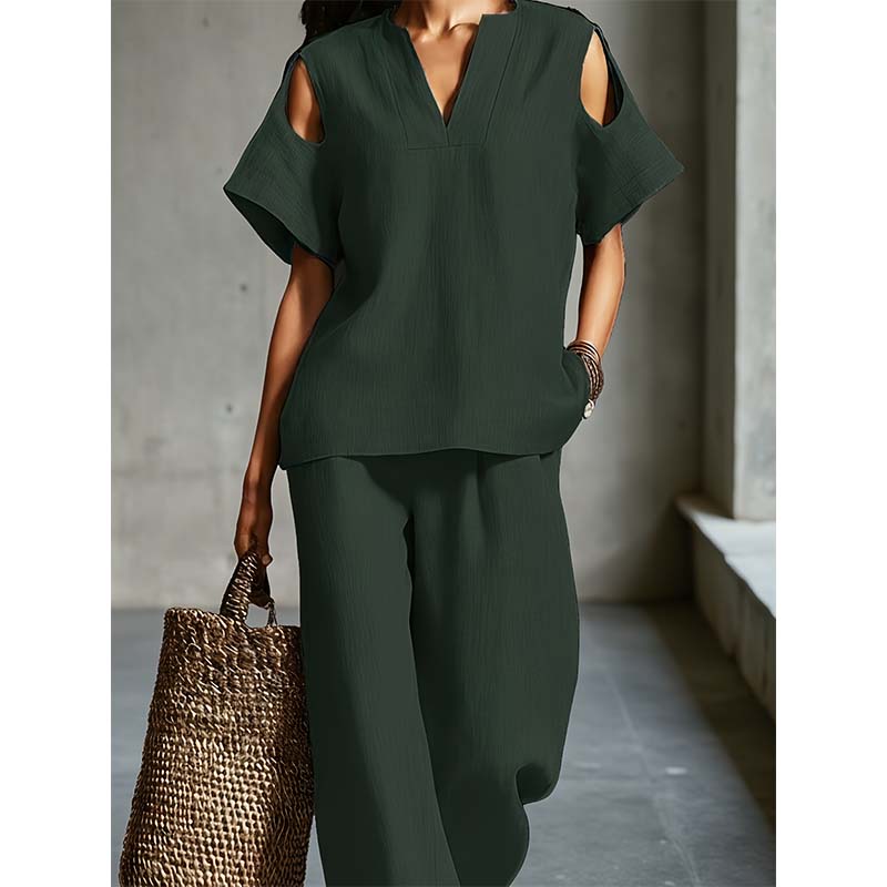 🔥New Arrivals & Special Offers-Solid Color Relaxed Fit Tunic and Trousers Outfit