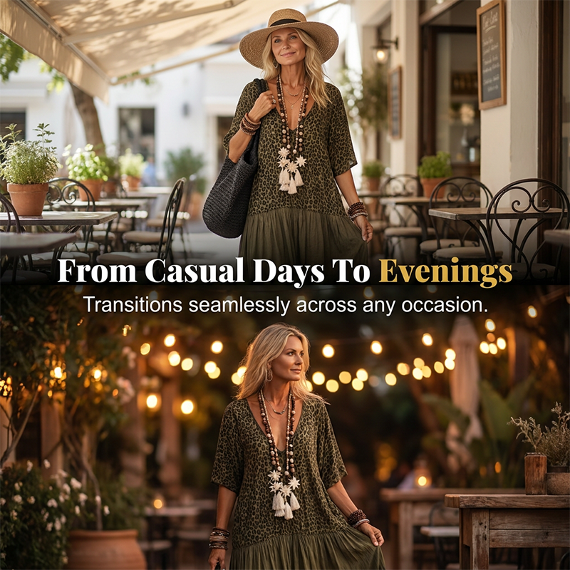 🔥Limited-time offer-Women's Elegant Bohemian Maxi Dress | Modest V-Neck Tiered Skirt Lightweight Holiday Tunic for Mature Ladies