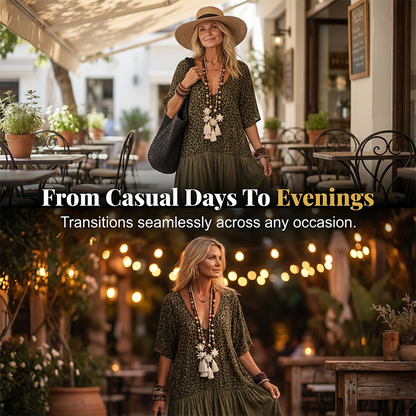 🔥Limited-time offer-Women's Elegant Bohemian Maxi Dress | Modest V-Neck Tiered Skirt Lightweight Holiday Tunic for Mature Ladies