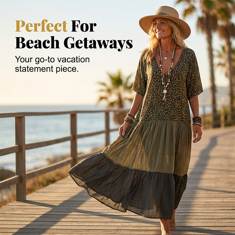 🔥Limited-time offer-Women's Elegant Bohemian Maxi Dress | Modest V-Neck Tiered Skirt Lightweight Holiday Tunic for Mature Ladies