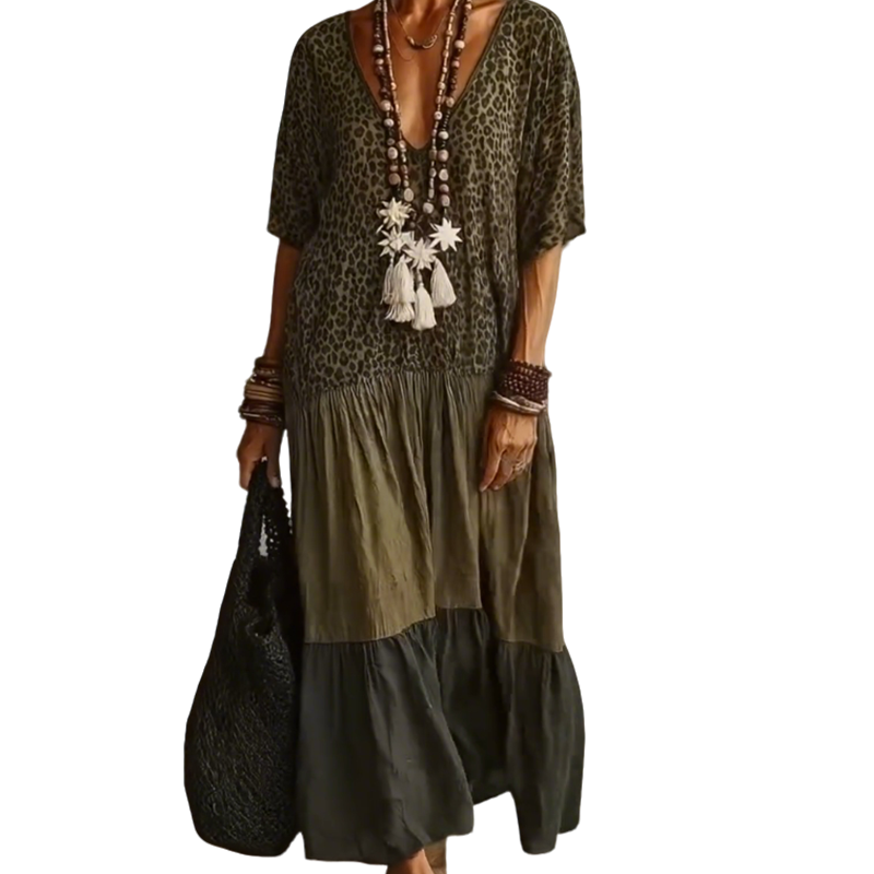 🔥Limited-time offer-Women's Elegant Bohemian Maxi Dress | Modest V-Neck Tiered Skirt Lightweight Holiday Tunic for Mature Ladies
