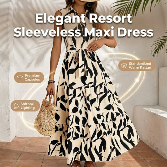 ⌛New arrivals now on sale-Sleeveless Collared Maxi Dress with Tie-Waist