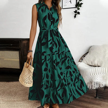 ⌛New arrivals now on sale-Sleeveless Collared Maxi Dress with Tie-Waist