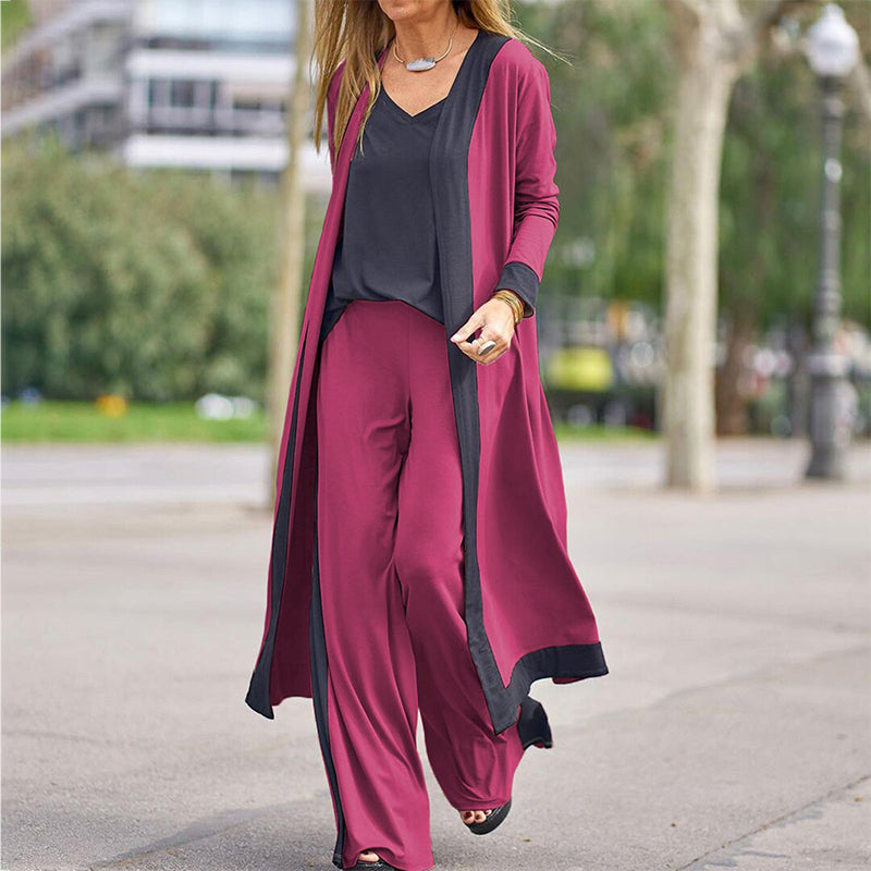 ⌛Limited-time offer-Women’s 3 Piece Outfit Contrast Color Cardigan Vest Pants Set
