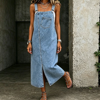👗 60% OFF NOW! 👖 Women's Sleeveless Denim Overall Midi Dress – Soft denim & relaxed fit – Vintage style, side pockets – perfect for casual days or summer layering ✨