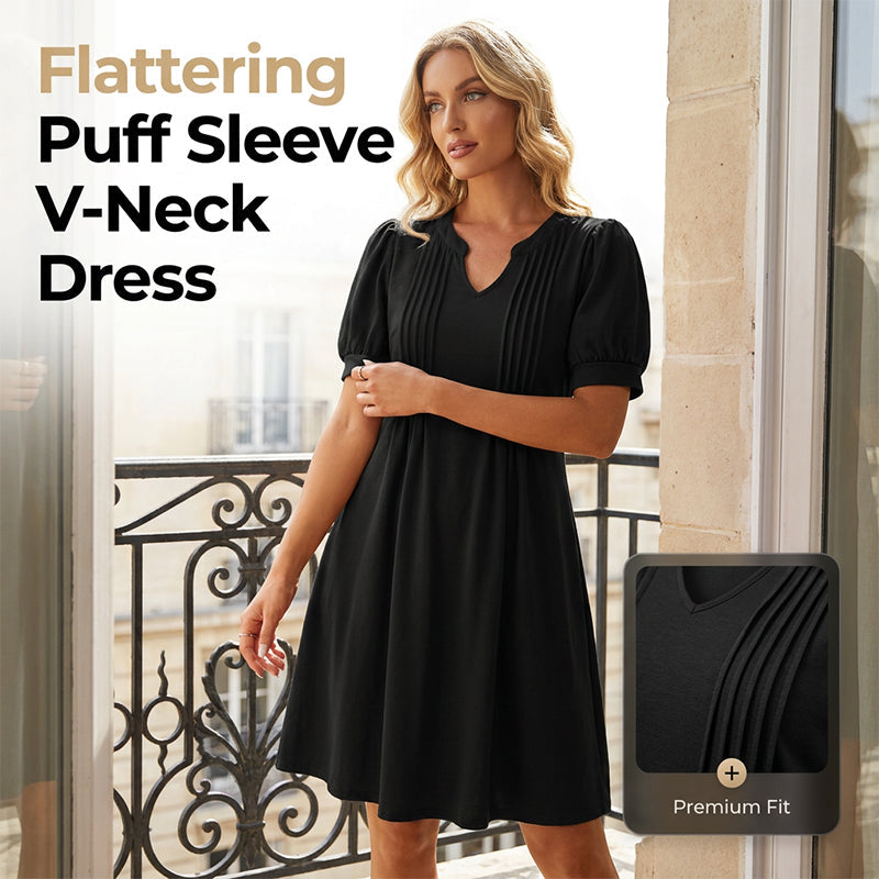 Elegant Style That Flatters Every Curve ✨A timeless A-line dress designed with a graceful V-neck, soft puff sleeves, and a flattering silhouette that makes you feel confident for any occasion.