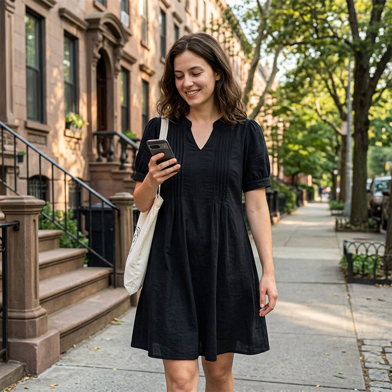 Elegant Style That Flatters Every Curve ✨A timeless A-line dress designed with a graceful V-neck, soft puff sleeves, and a flattering silhouette that makes you feel confident for any occasion.