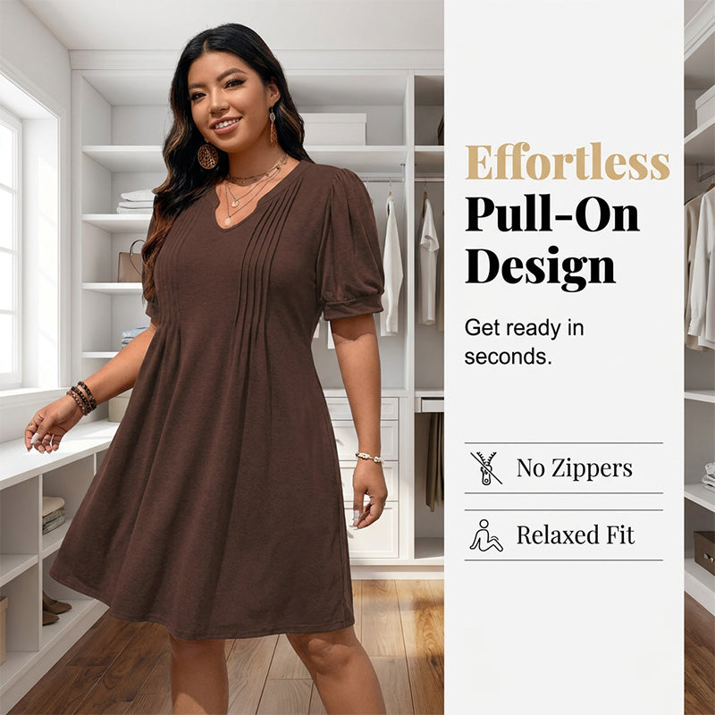 Elegant Style That Flatters Every Curve ✨A timeless A-line dress designed with a graceful V-neck, soft puff sleeves, and a flattering silhouette that makes you feel confident for any occasion.