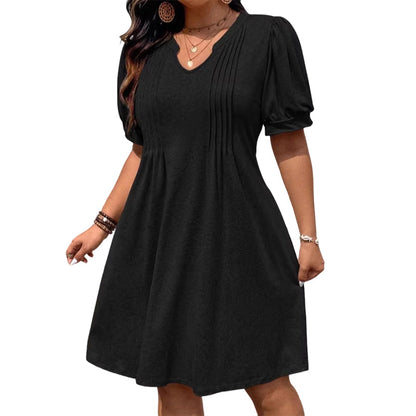Elegant Style That Flatters Every Curve ✨A timeless A-line dress designed with a graceful V-neck, soft puff sleeves, and a flattering silhouette that makes you feel confident for any occasion.