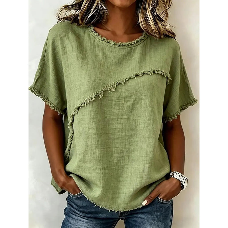 👚 LIMITED-TIME 50% OFF! 💥 Women's Summer Top with Raw Edge Paneling – Round Neck, Relaxed Fit, Edgy ✨