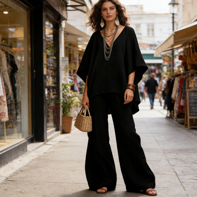 Women's V-Neck Batwing Sleeve Top & Wide-Leg Pants Set