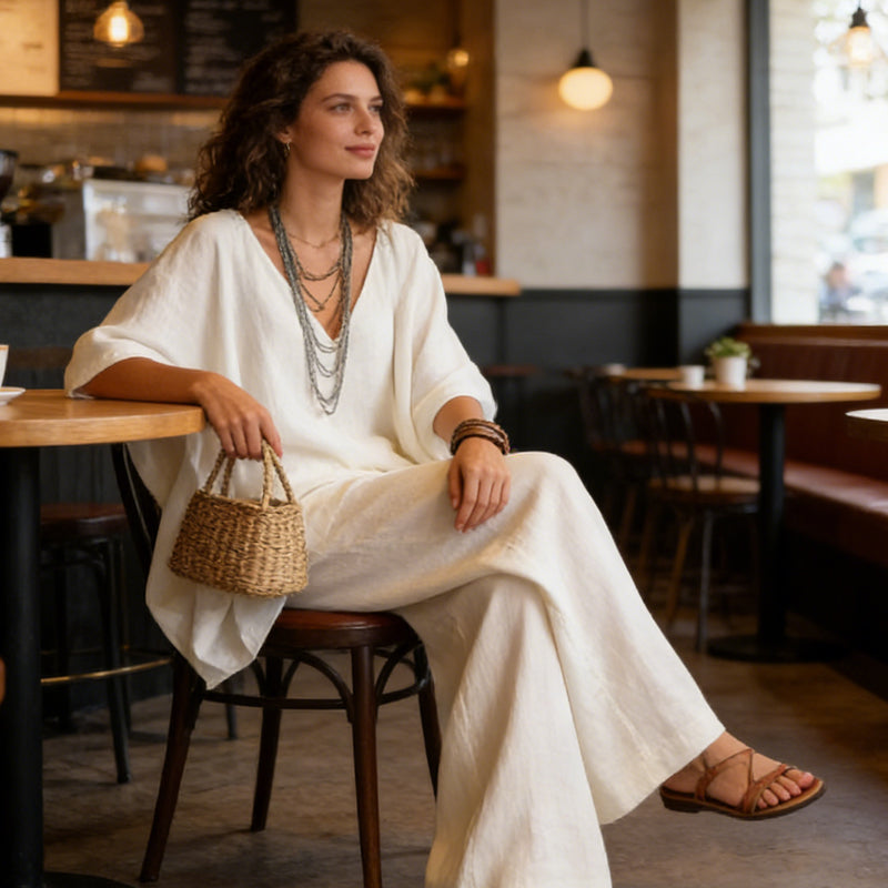 Women's V-Neck Batwing Sleeve Top & Wide-Leg Pants Set