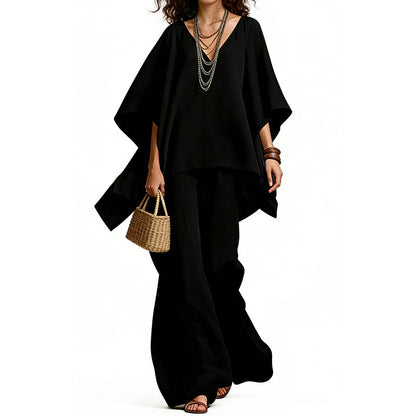 Women's V-Neck Batwing Sleeve Top & Wide-Leg Pants Set