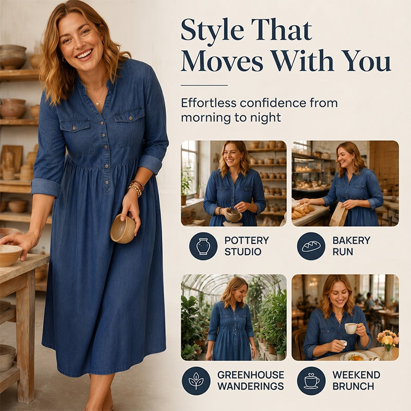 👗Women's Plus Size Button-Up Denim Maxi Dress– Flattering Everyday Curve Fit✨