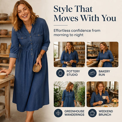 👗Women's Plus Size Button-Up Denim Maxi Dress– Flattering Everyday Curve Fit✨