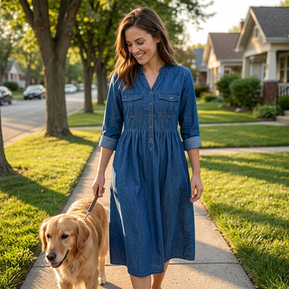 👗Women's Plus Size Button-Up Denim Maxi Dress– Flattering Everyday Curve Fit✨