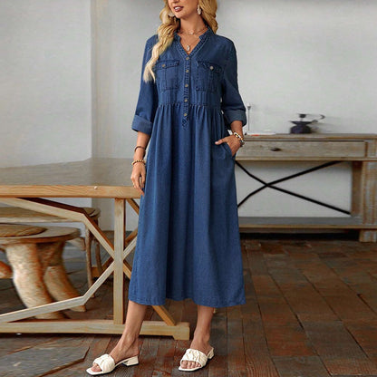 👗Women's Plus Size Button-Up Denim Maxi Dress– Flattering Everyday Curve Fit✨