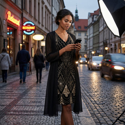 🔥Limited-Time Offer-Women's Long-Sleeve Printed Dress & Cardigan 2 Piece Set