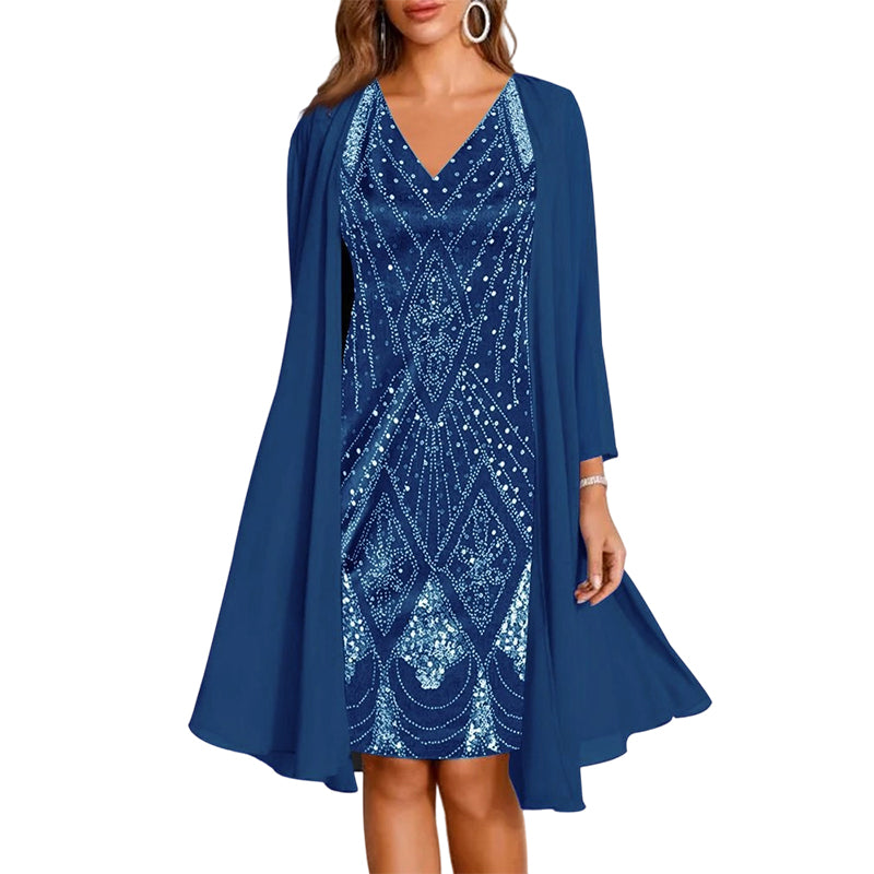 🔥Limited-Time Offer-Women's Long-Sleeve Printed Dress & Cardigan 2 Piece Set