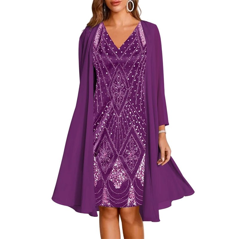🔥Limited-Time Offer-Women's Long-Sleeve Printed Dress & Cardigan 2 Piece Set