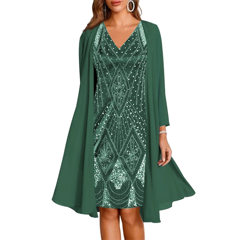 🔥Limited-Time Offer-Women's Long-Sleeve Printed Dress & Cardigan 2 Piece Set