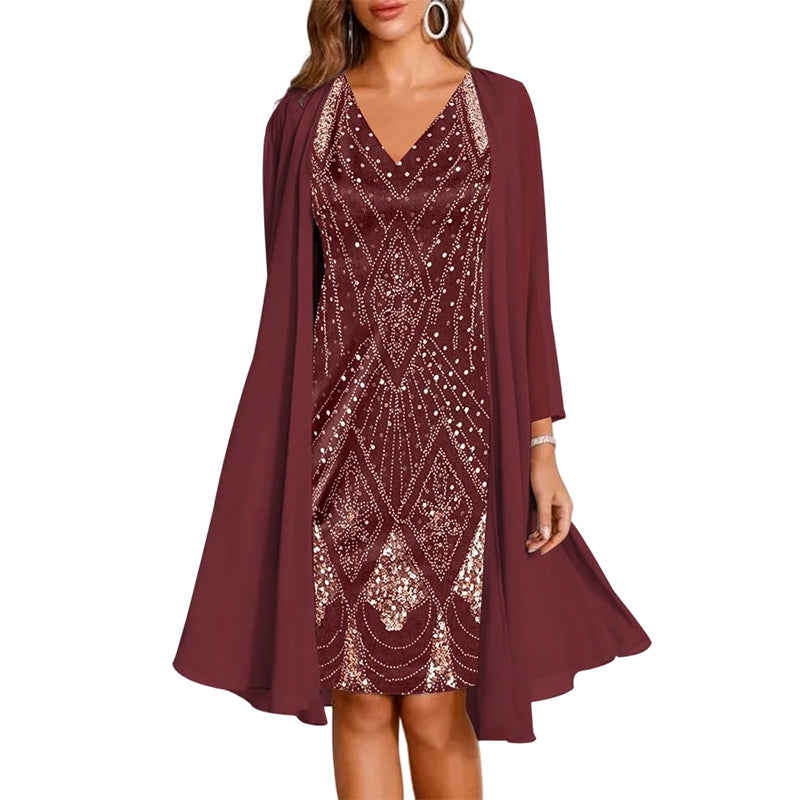 🔥Limited-Time Offer-Women's Long-Sleeve Printed Dress & Cardigan 2 Piece Set