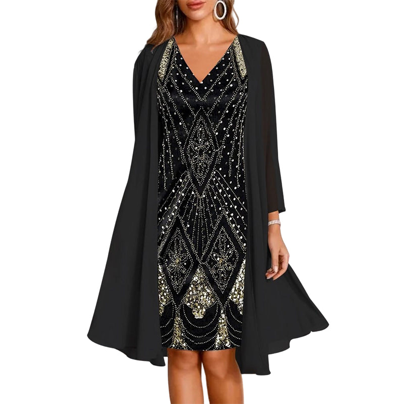 🔥Limited-Time Offer-Women's Long-Sleeve Printed Dress & Cardigan 2 Piece Set