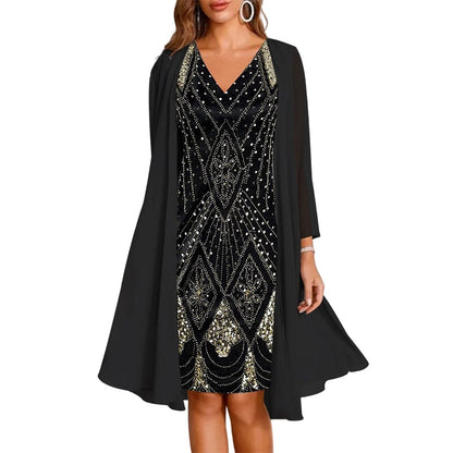 🔥Limited-Time Offer-Women's Long-Sleeve Printed Dress & Cardigan 2 Piece Set