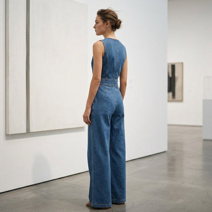 Women's Sleeveless Asymmetric Wrap Denim Jumpsuit