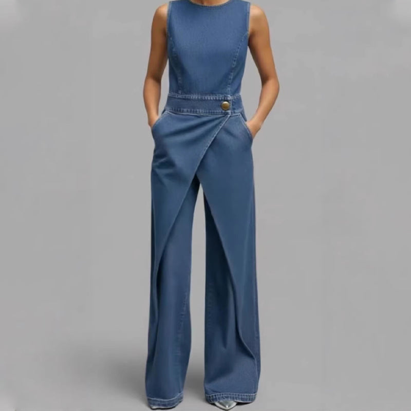 Women's Sleeveless Asymmetric Wrap Denim Jumpsuit