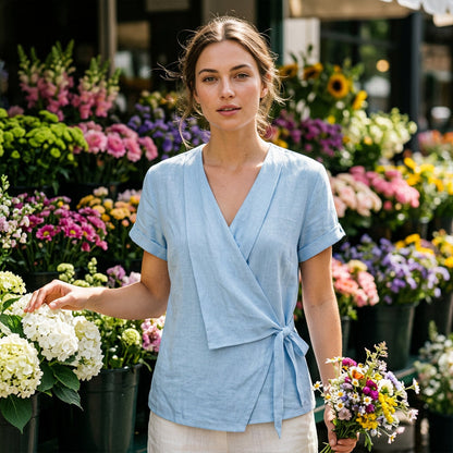 Women's Short Sleeve V-Neck Tie-Waist Top
