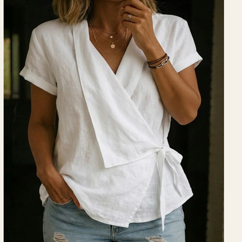 Women's Short Sleeve V-Neck Tie-Waist Top