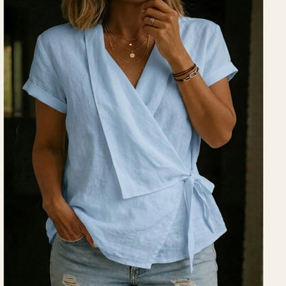 Women's Short Sleeve V-Neck Tie-Waist Top