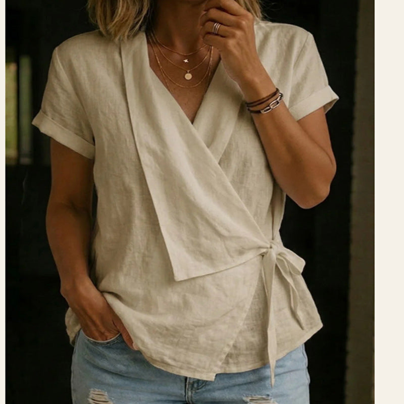 Women's Short Sleeve V-Neck Tie-Waist Top
