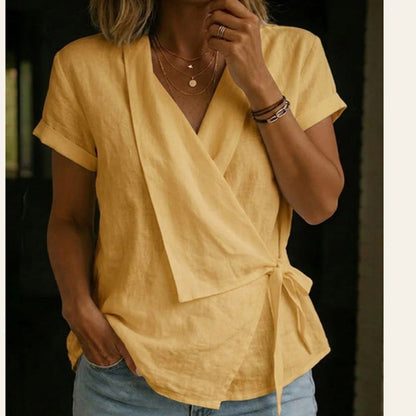 Women's Short Sleeve V-Neck Tie-Waist Top