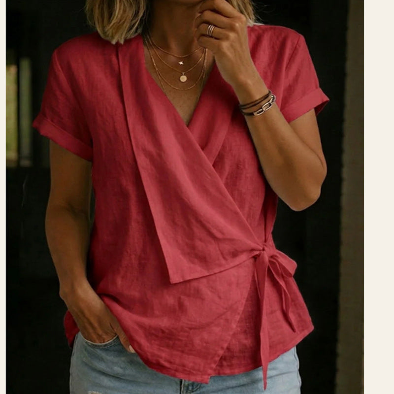 Women's Short Sleeve V-Neck Tie-Waist Top