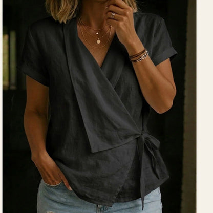 Women's Short Sleeve V-Neck Tie-Waist Top