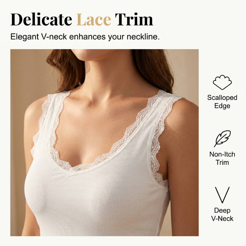💖 Built-In Support | Women's Ribbed Lace V-Neck Cami with Built-In Bra