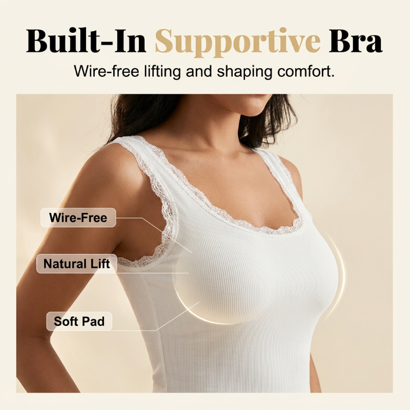 💖 Built-In Support | Women's Ribbed Lace V-Neck Cami with Built-In Bra