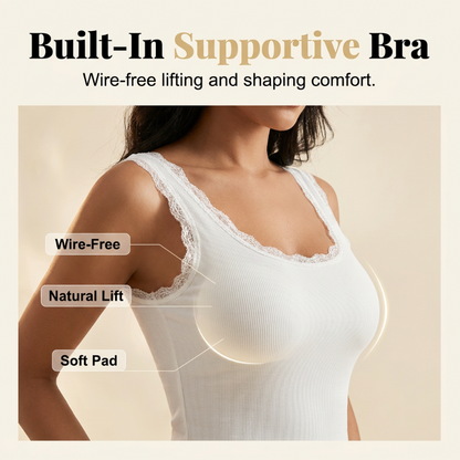 💖 Built-In Support | Women's Ribbed Lace V-Neck Cami with Built-In Bra