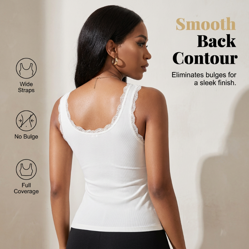 💖 Built-In Support | Women's Ribbed Lace V-Neck Cami with Built-In Bra