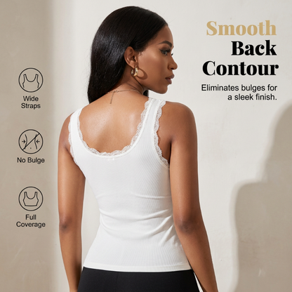 💖 Built-In Support | Women's Ribbed Lace V-Neck Cami with Built-In Bra